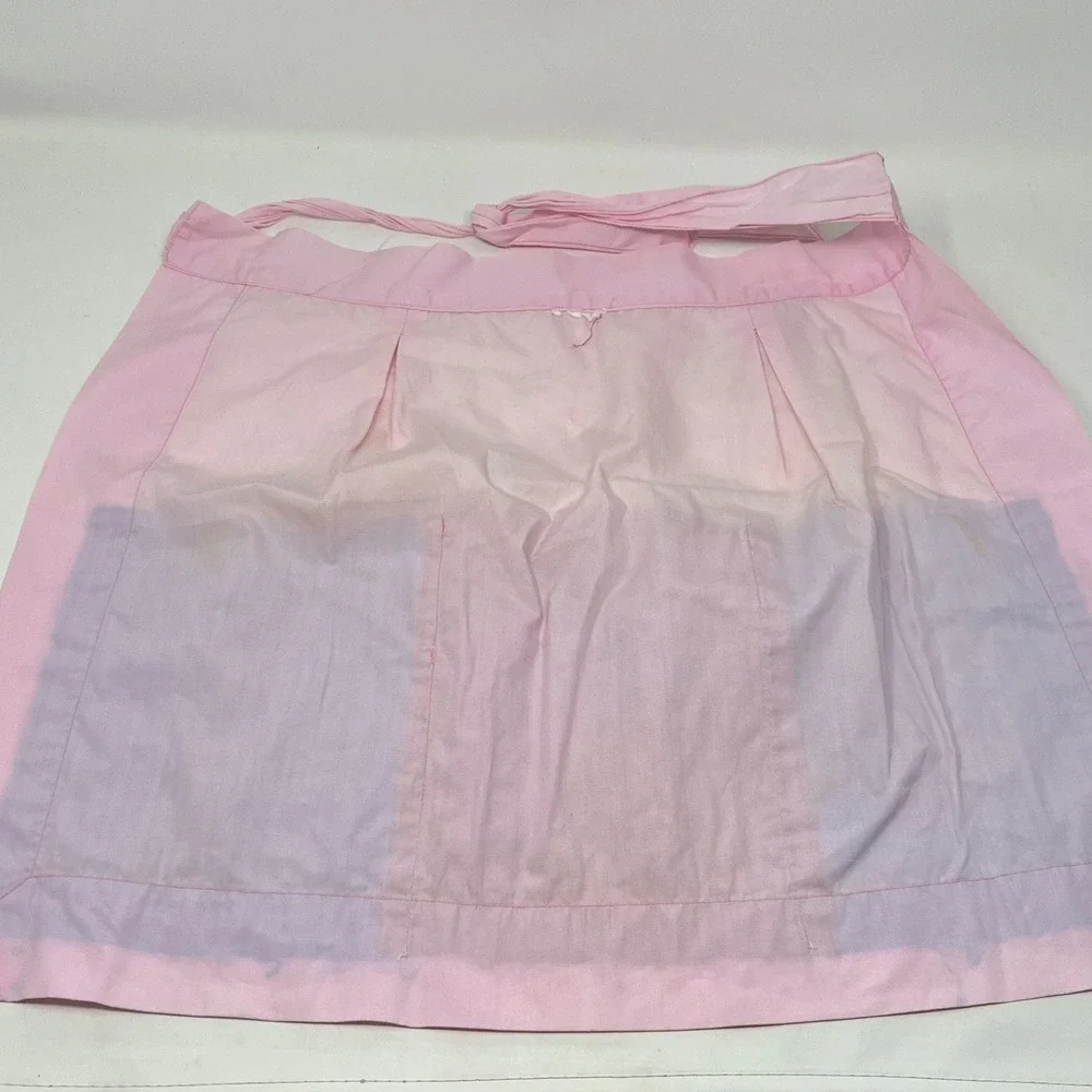 Vintage Pink Cotton Half Apron Hand Stitched Applique Asian Figures 3 Pockets